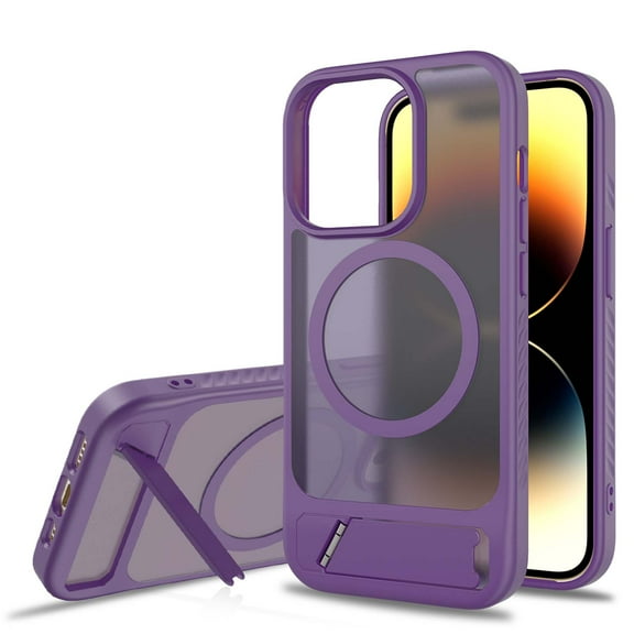For iPhone 12 Pro / 12 6.1" Magnetic Phone Case,Compatible with Mag-Safe,Built-in Retractable Kickstand,Military Grade Shockproof Anti-Scratch Ultra Slim Skin Feel Translucent Phone Case,Darkpurple
