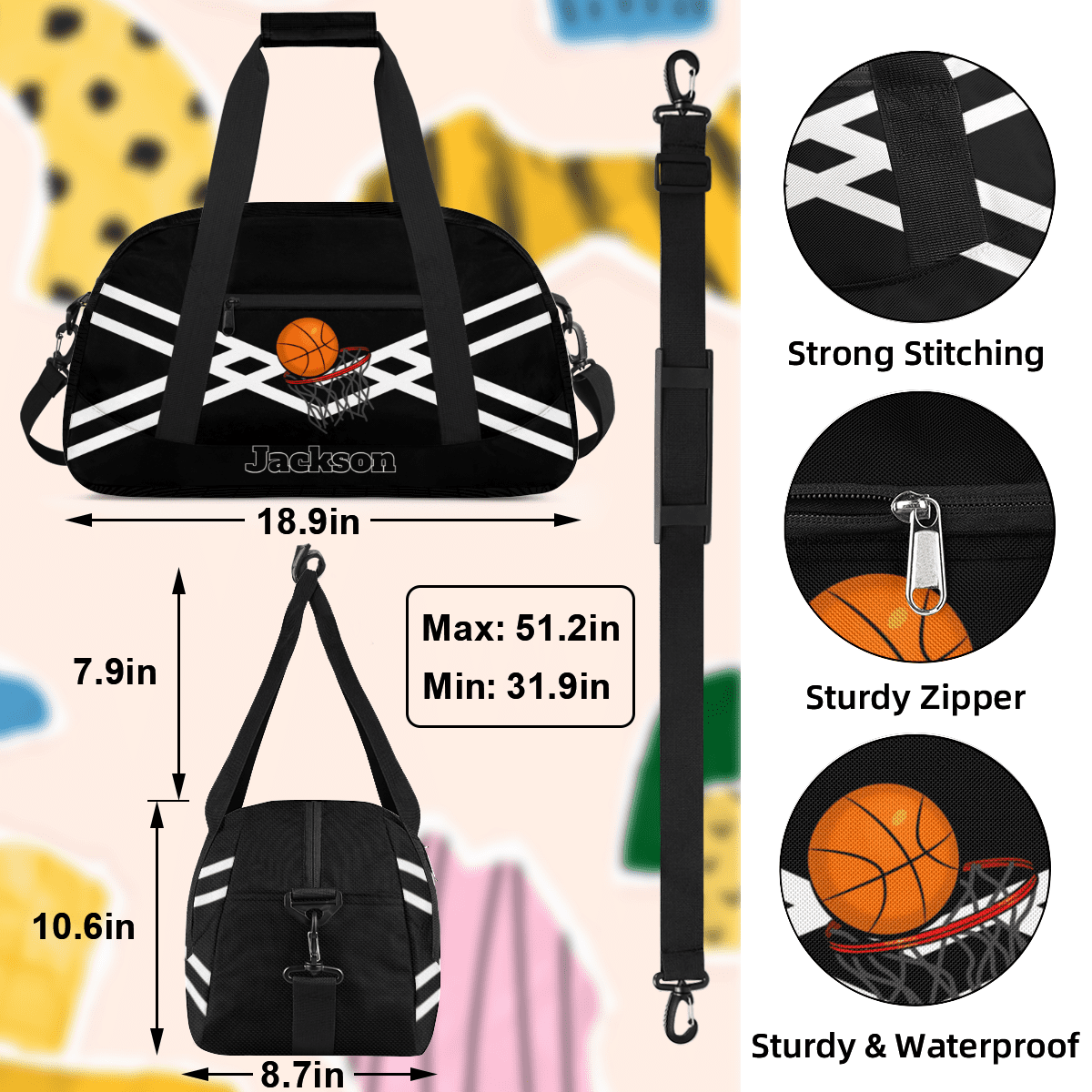 Herdesigns Personalized Basketball Duffel Bag Sport Bag Custom Gym Bag with Name, Dance Bags Weekender Bags Overnight Bags Travel Bag, Black
