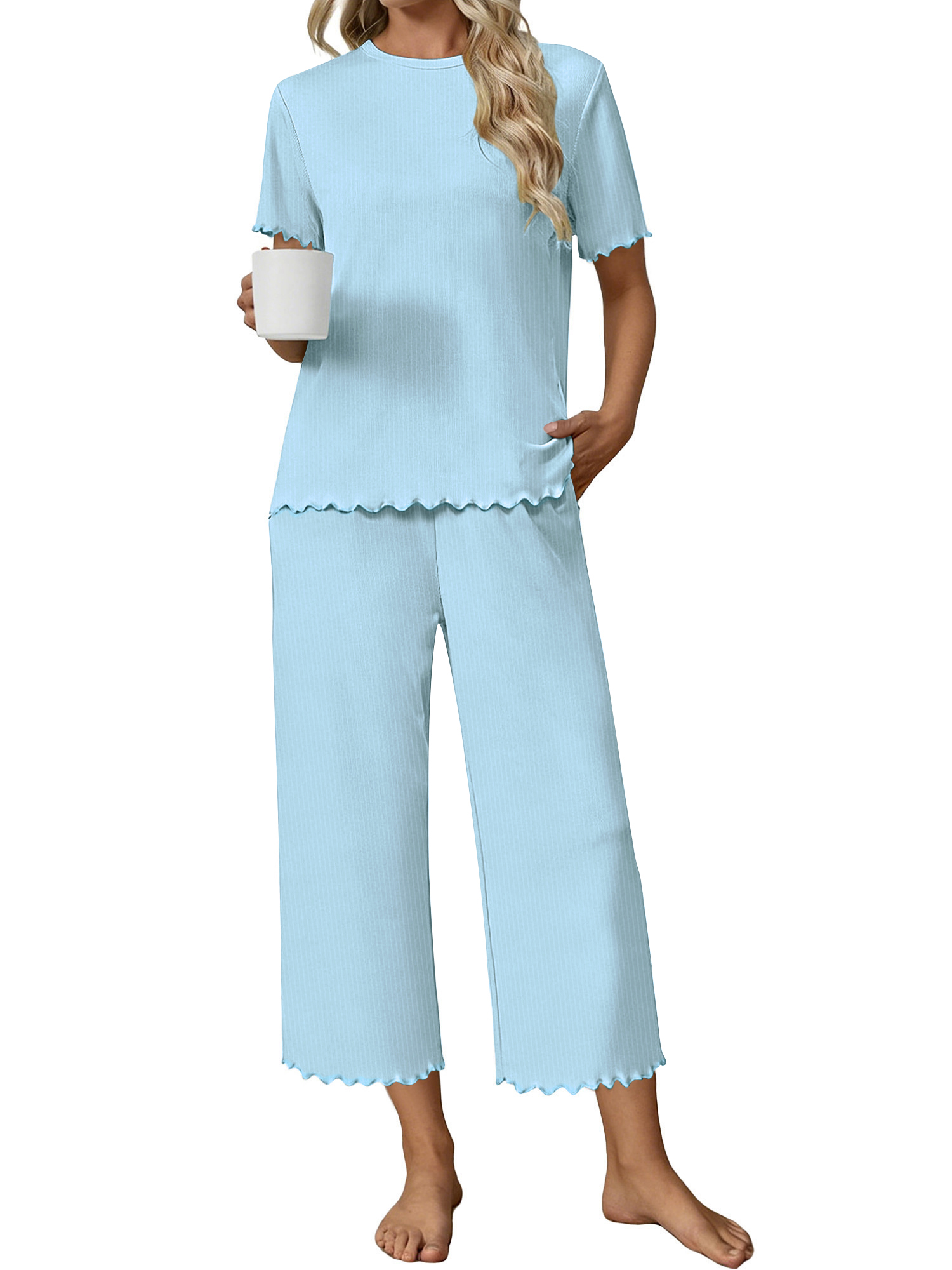 UVN Women's Short Sleeve Pajama Set with Capri Pants photo 6