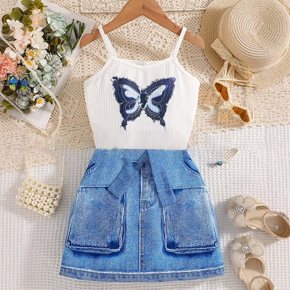 SONGGE Toddler Outfit Sets Summer Girls Small Children Blouse With Pattern Print On The Front Paired With Elastic Short Skirt With Drawstrings Casual Fashionable Two Piece Set Stylish Clothes Sets