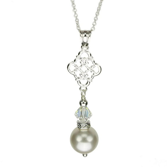Sterling Silver Cable Chain Necklace Simulated Pearl Pendant Made with Swarovski Crystals, 18"