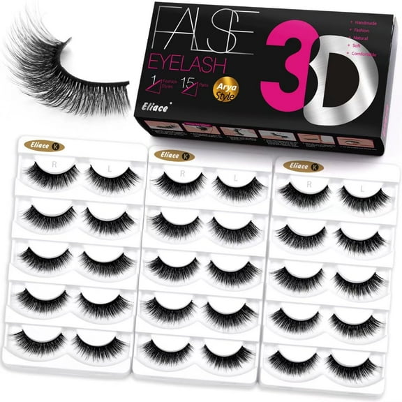 Eliace False Eyelashes Vegan 3d Faux Mink Lashes Pack Full Volume Fluffy 14MM Wispy Natural Fake Eye Lashes Strip 15 Pairs | Arya
