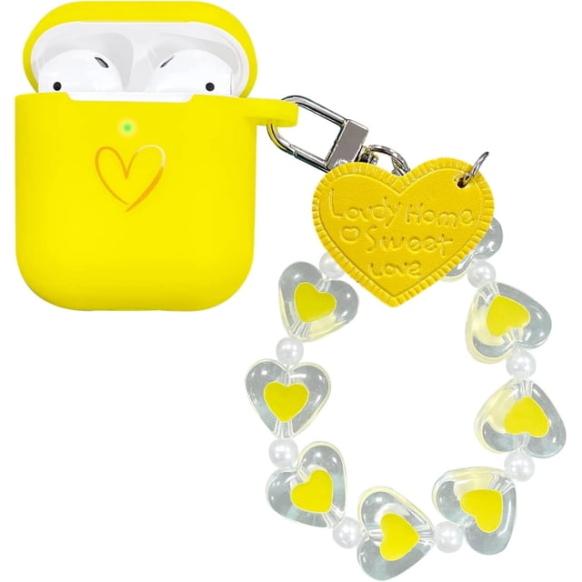AmPm Compatible with AirPods Case Cover, Soft Silicone Case with Gold Heart Pattern for AirPods 2&1 Case with Love Heart Keychain for Girls Women (Pink)