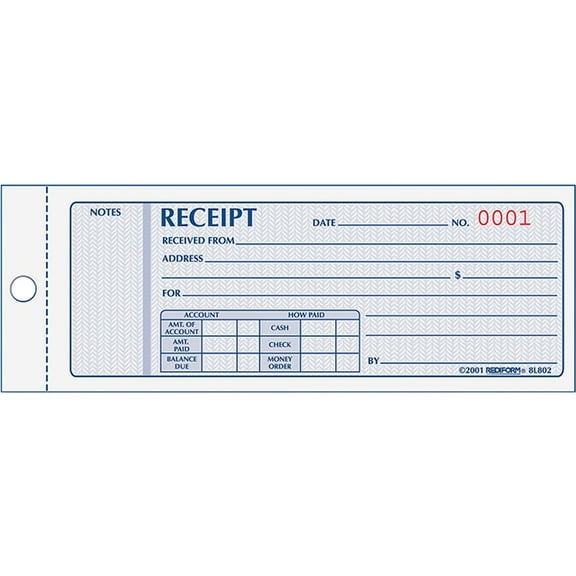 Receipt Book, Three-Part Carbonless, 7 X 2.75, 1/page, 50 Forms | Bundle of 5 Each