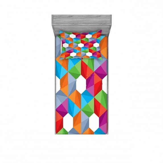 Geometric Bedding Set with Sheet & Covers, Colorful Retro Geometric Triangle and Polygonal Mosaic Pattern Interior Design, Printed Bedroom Decor 2 Shams, 4 Sizes, Multicolor, by Ambesonne
