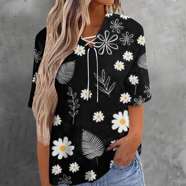 Puntoco Mujeres Clásico Verano Correas Blusa Estampado Cuello en V Manga corta Túnica tops Blusas fluidas Camisa Puntoco Puntoco-423