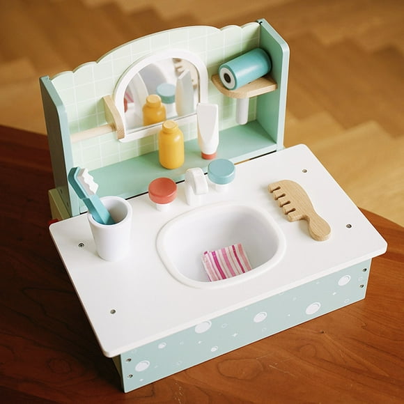 Toddler Vanity Table Set, Wooden Skill Development Kids Bathroom Sink Toys For Little Girls