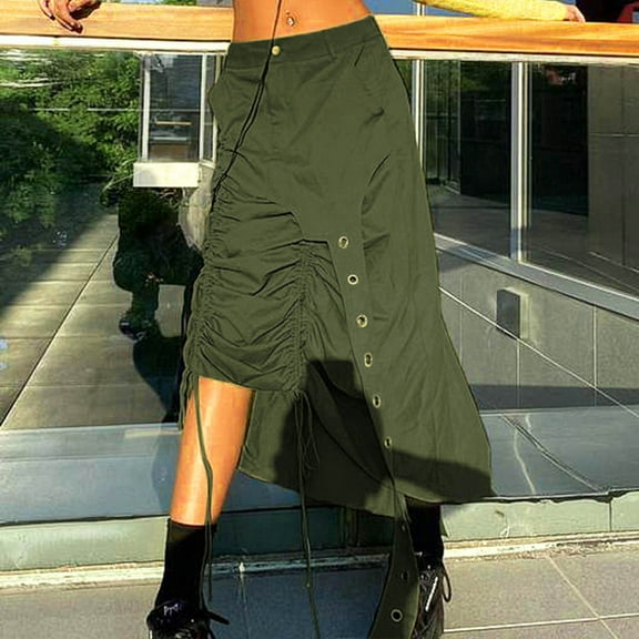 Bwndum Cargo Skirts for Women Fall A-Line Skirts High Waisted Ruched Maxi Tredny Casual Drawstring Punk High Low Hem Skirts Army Green 6