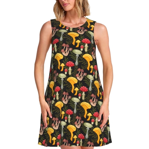 Fotbe Mushrooms And Fern Stems Vestido de Verano sin Mangas para Mujer – Vestido Midi Línea A, Estilo Camiseta Floral, Vestido Playero Casual y Fluido