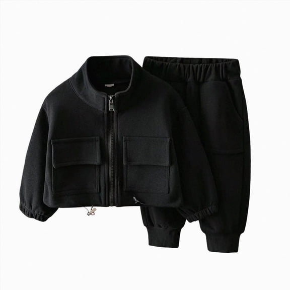 2 Piece Sweatsuits for Girls Fall Winter Solid Color Full Zip Jacket and Jogger Pant Sets Tracksuits Sport Casual Outfits 12 18 24 Months 2T 3T 4T 5T 6T Children,4-5 Years,Black