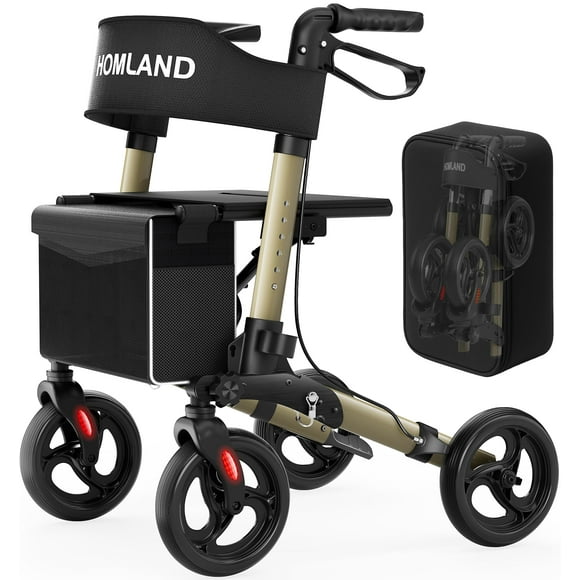 Andadores plegables HOMLAND para personas mayores con asiento, andador con ruedas de altura ajustable, andador con ruedas grandes de 8" para todo terreno, andador liviano de aluminio.