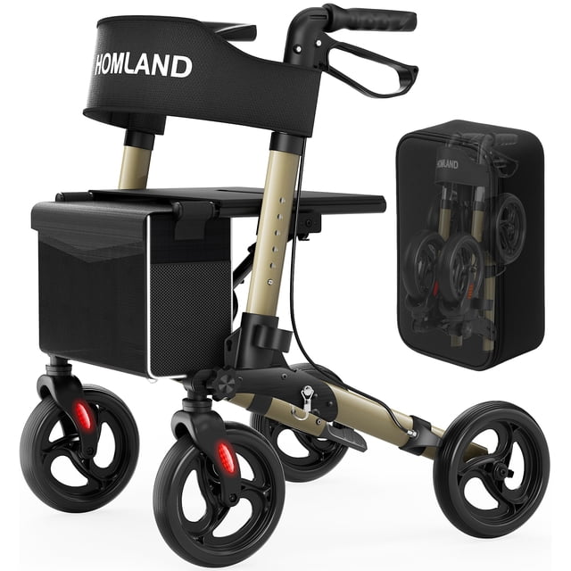 Andadores plegables HOMLAND para personas mayores con asiento, andador con ruedas de altura ajustable, andador con ruedas grandes de 8" para todo terreno, andador liviano de aluminio.