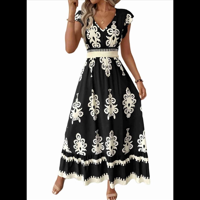 Vestidos de Verano para Mujer 2025, Vestidos Casuales con Mangas con Volantes, Vestidos de Playa Bohemios, Vestidos Negros L