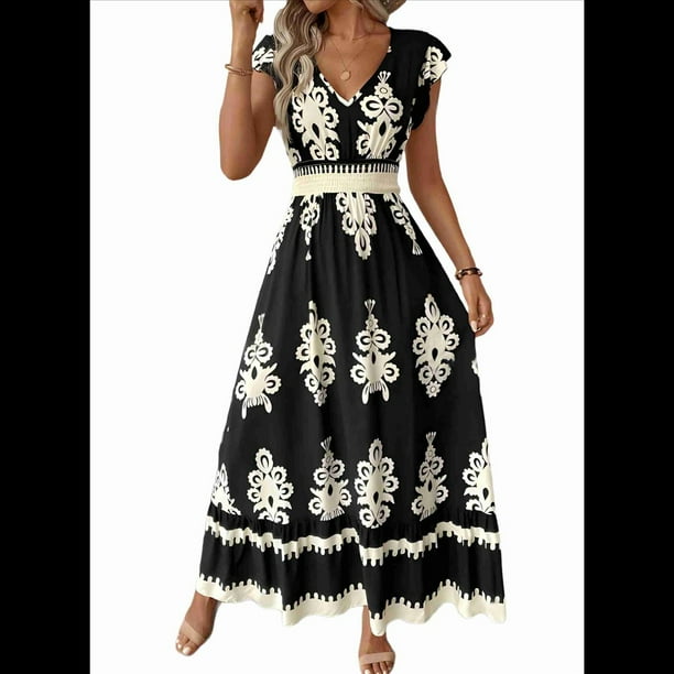 Vestidos de Verano para Mujer 2025, Vestidos Casuales con Mangas con Volantes, Vestidos de Playa Bohemios, Vestidos Negros L