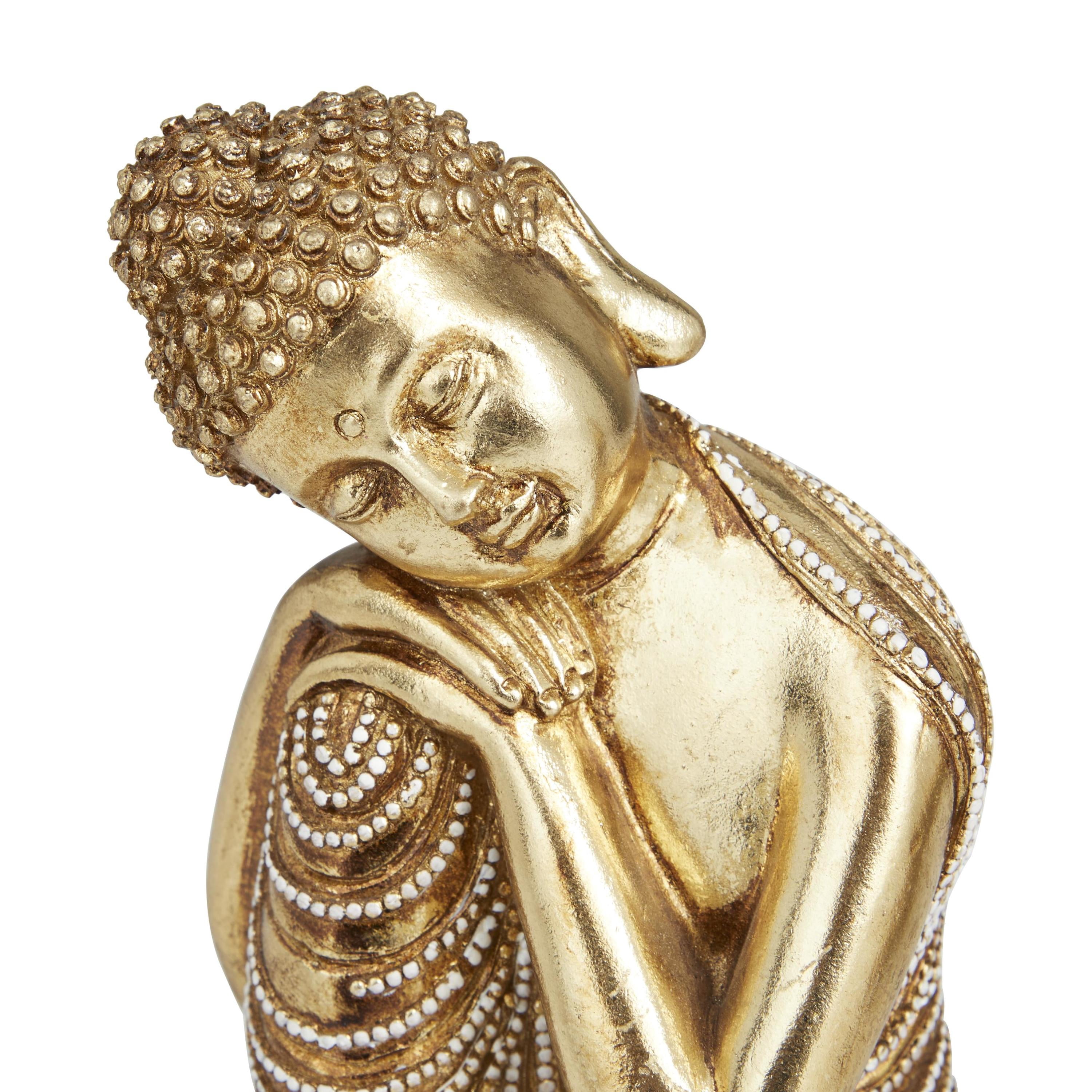 5"W, 7"H Gold Polystone Meditating Buddha Sculpture with Engraved Carvings and Relief Detailing, by DecMode (2 Count)