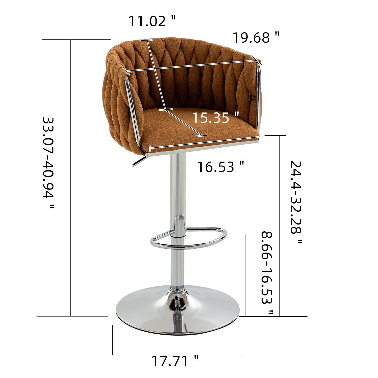 Swivel Bar Stool Set of 2, Adjustable Counter Height Chair with Woven Back and Footrest for Kitchen Cafe, Caramel