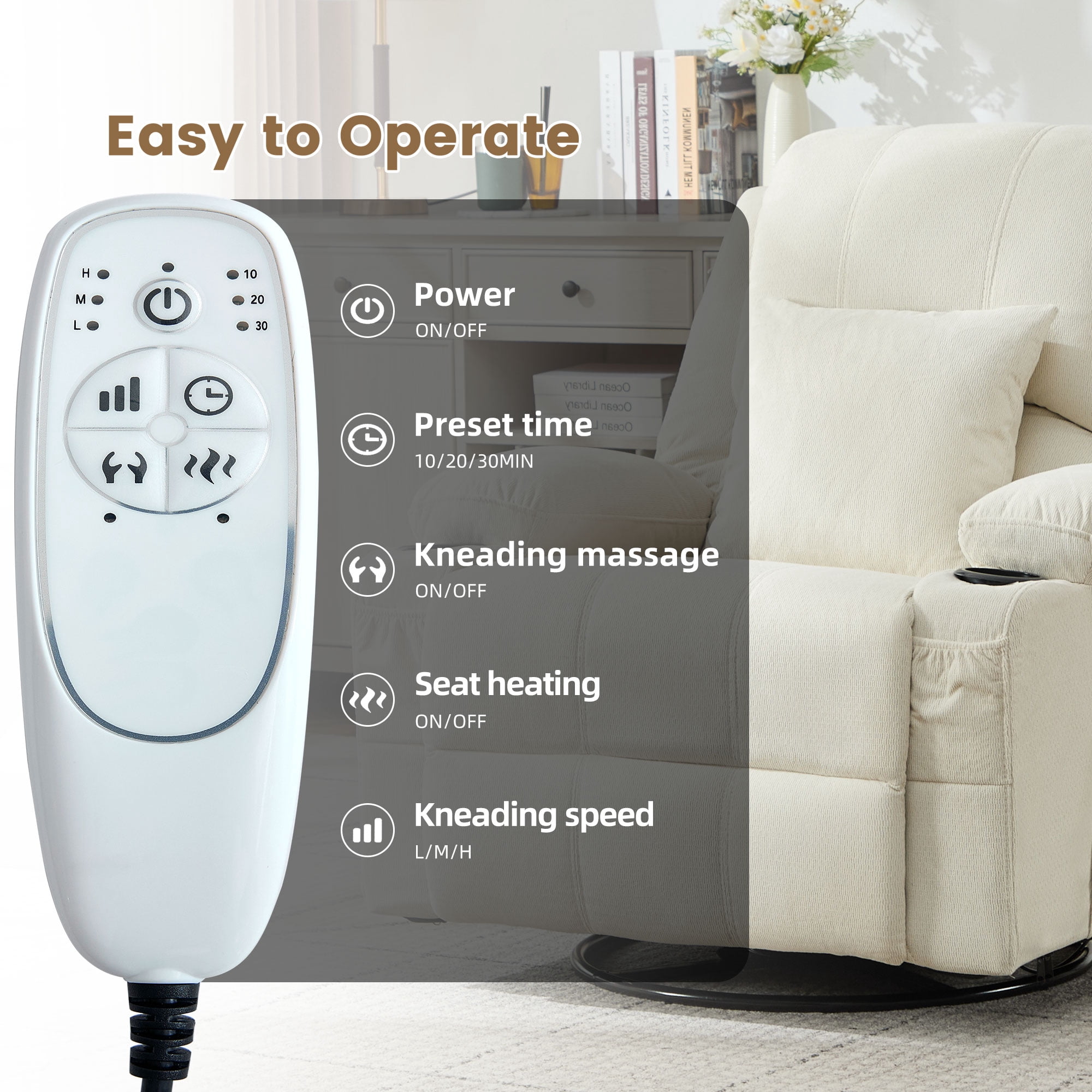 JONPONY Kneading Massage Rocker Recliner Chair with 4-Point 3D Kneading Massage and Heat Ergonomic Lounge Chair for Living Room with Rocking Function and 2 Cup Holders, USB Charge Port,Beige