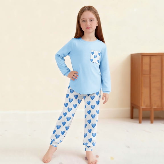 Cethrio Girls 2 Piece Pajama Sets, Crew Neck Long Sleeve Casual Girls' Sleepwear Loungewear Light Blue Size 10-12