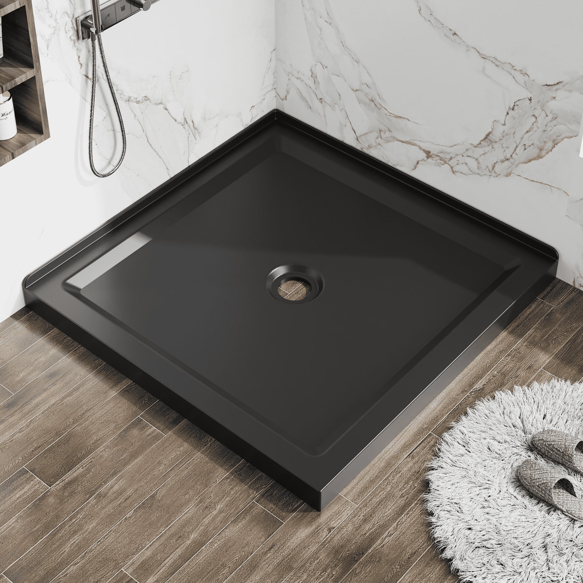 36"x36" Shower Base，3.3" Height，Anti-slip Acrylic Center Drain Double Threshold Shower Basin，Black