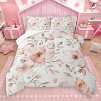 Manfei Colorful Country Floral Queen Comforter Set,Rustic Natural Plant Bedding Sets,White Pink Bedding Comforter Set For Girls Kids,Super Cozy Room Decor Reversible,3 Pieces