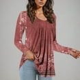 thumbnail image 3 of QUNYINEY Red Shirts for Women Long Sleeve Crew Neck Floral Casual Tops Loose Drop Shoulder Pullover Pleated T-Shirts Tops for Women, 3 of 6