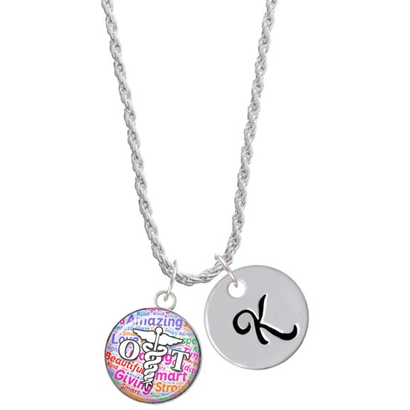 Delight Jewelry Silvertone Domed Multi Color OT Silvertone Script Initial Disc - K - Charm Necklace, 20"+3"