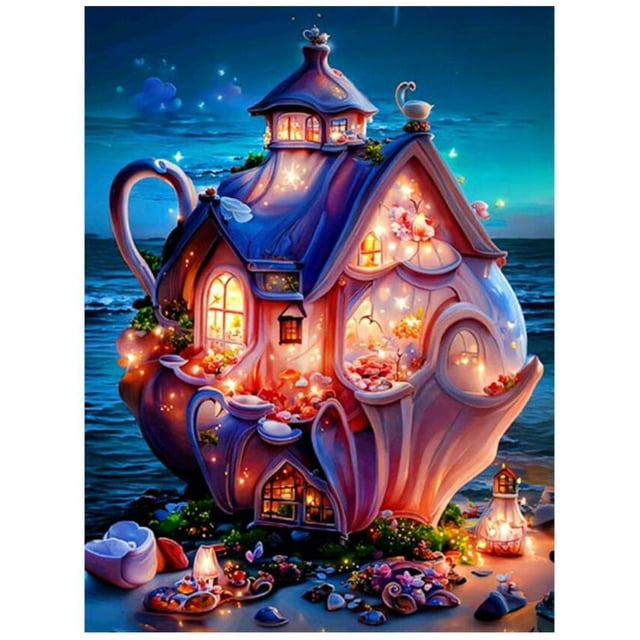 Sea Shell Night Castle Fantasy Scenery Full Square Round Embroidery Mushroom House, 30*40 cm, frame not included.
