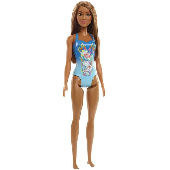 Barbie Beach Doll in Tropical Blue Swimsuit with Straight Brown Hair