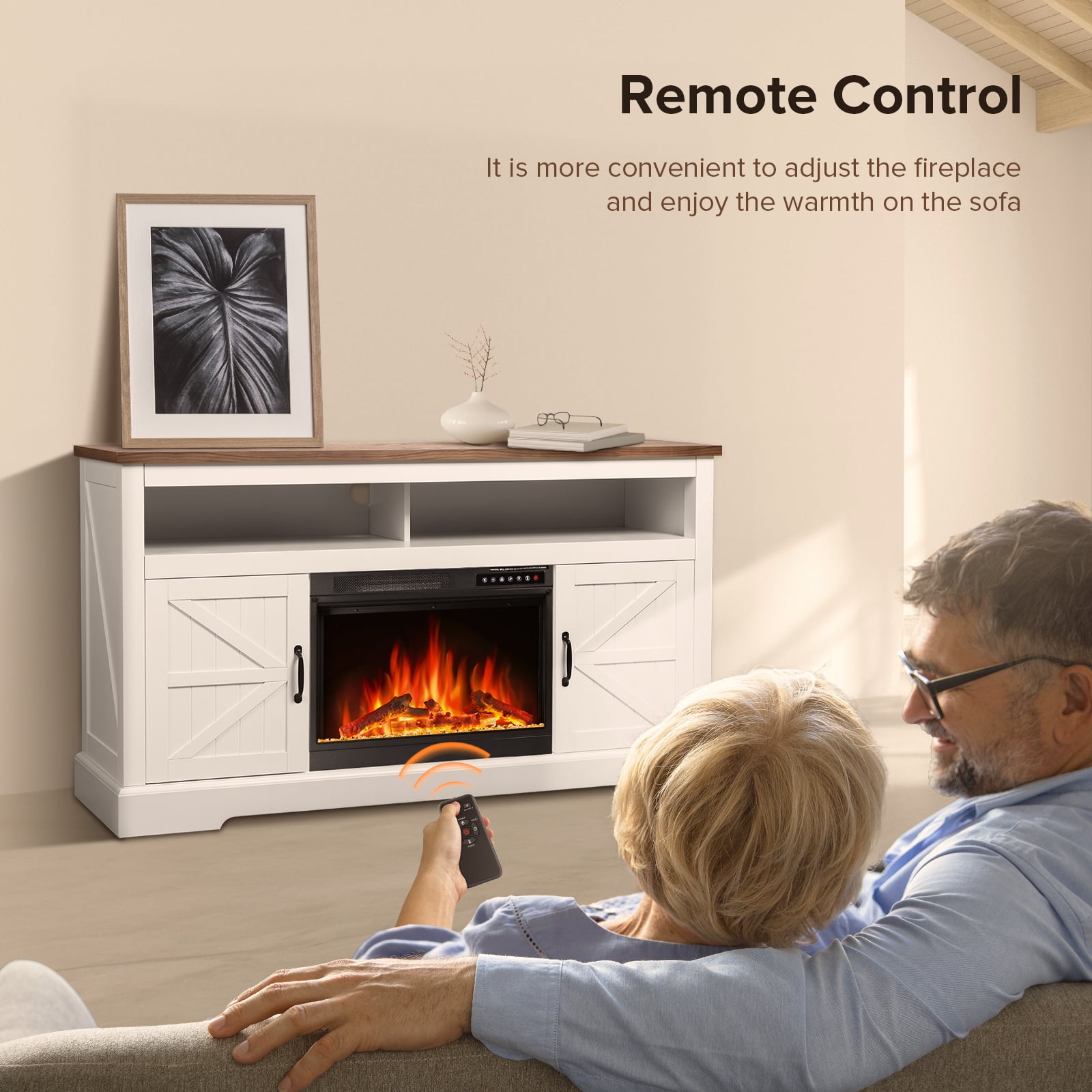 KISSAIR 60'' Electric Fireplace Mantel, Remote Control, Adjustable LED Flame, 750W/1500W Free Standing Fireplace（White）