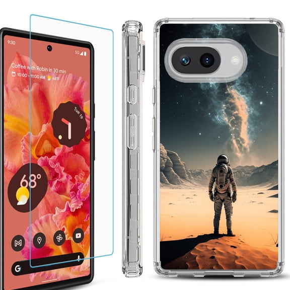 For Google Pixel 9a Phone Case Cover, Shockproof Bumper Case with Tempered Glass Screen Protector, by OneToughShield - Astronaut Milkyway
