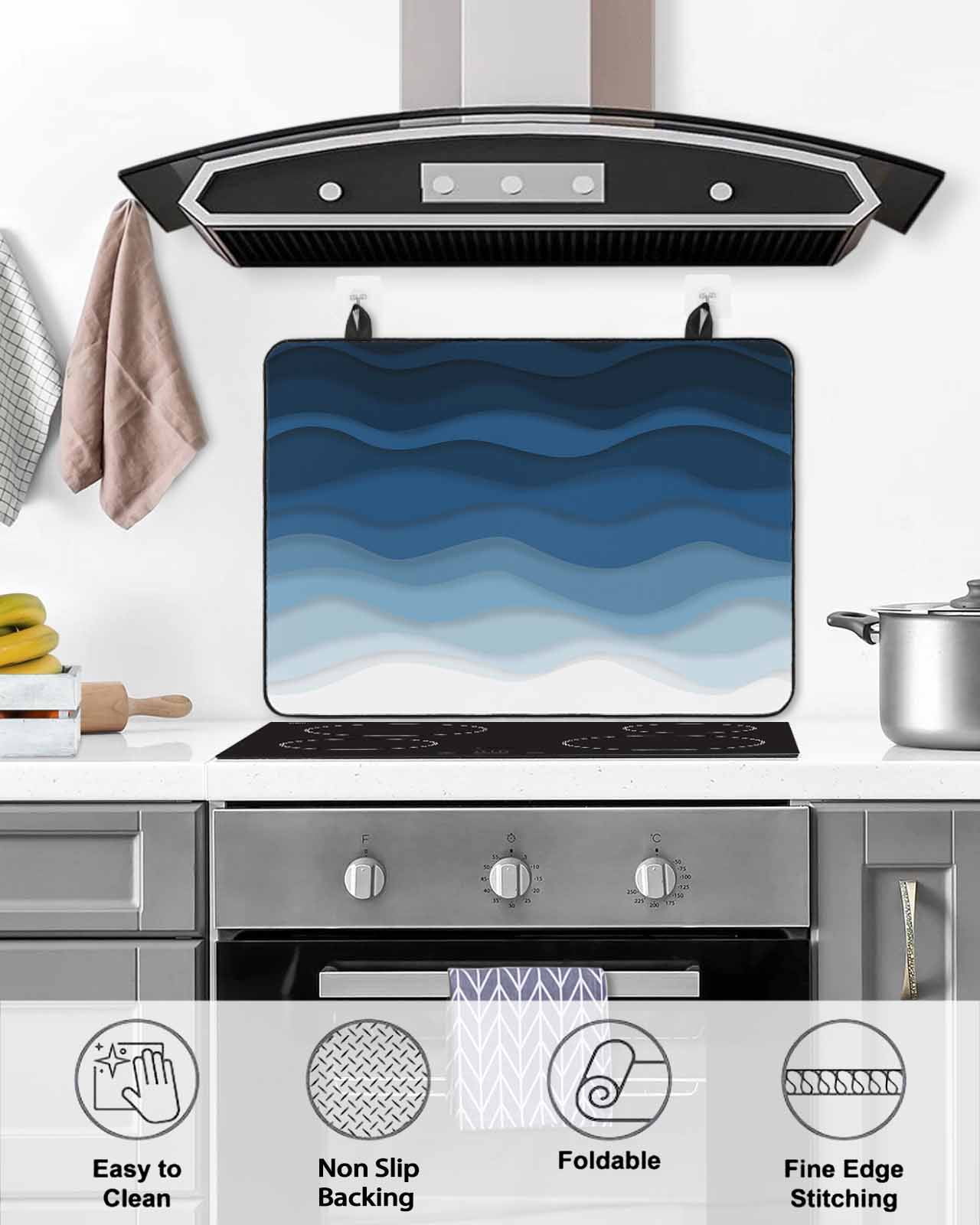 nqOlkjepod Large Induction Cooktop Protector Mat 36"x21", Dark Blue Stripes Stove Top Covers for Electric Stove, Gradient Abstract Sea Waves Beach Stove Burner Cover Mats, Glass Top Stove Cover