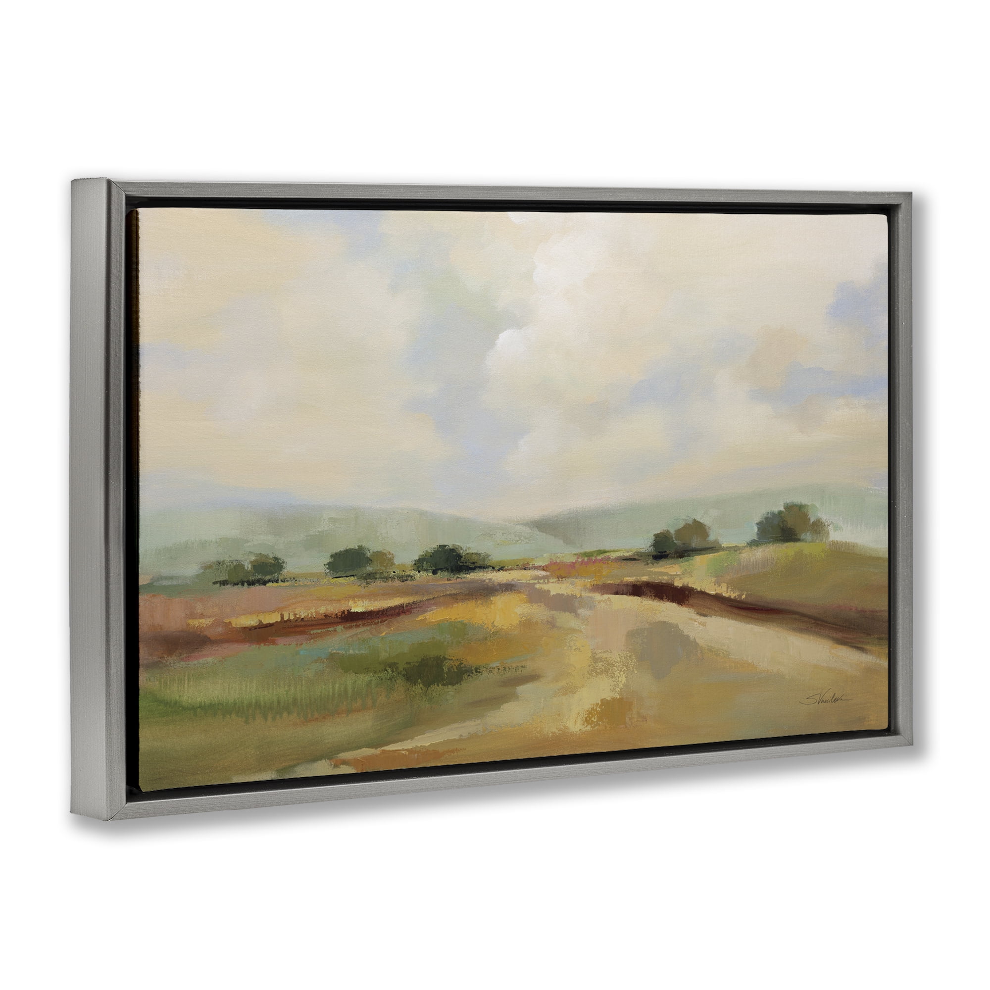 Stupell Industries Solitary Rural Landscape Landscape & Nature Painting Gray Floater Framed Canvas Art Print Wall Art, 25 x 17