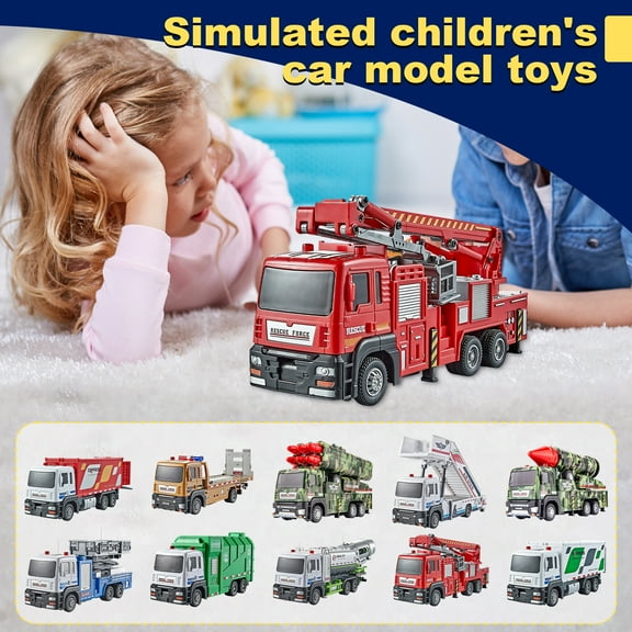 Alloy Construction Vehicle Toy, Realistic Fire Truck & Engineering Car with Movable Parts for Boys&Girls, Durable Metal Model for Boys Girls Age 3 , Christmas Gifts for Boys&Girls