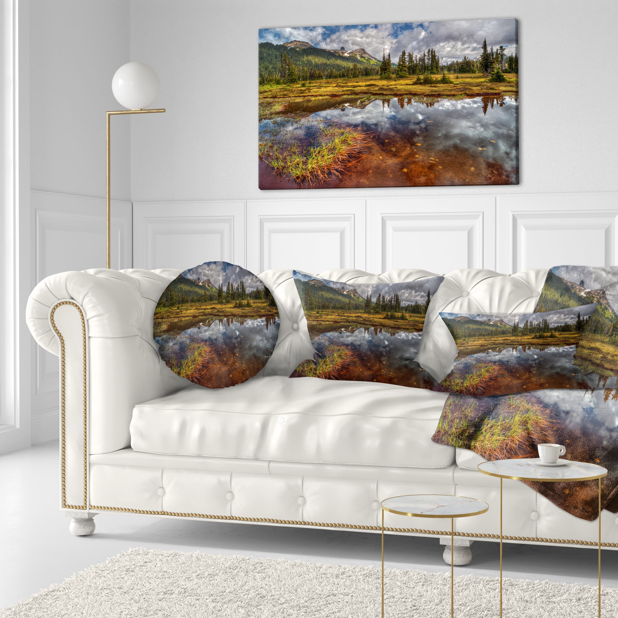 Designart Clear Lake Mirroring Cloudy Skies - Landscape Printed Throw Pillow - 12x20