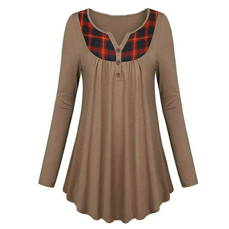 cwatonfozk Women s Long  Sleeve  Round Neck T Shirt  Plaid 