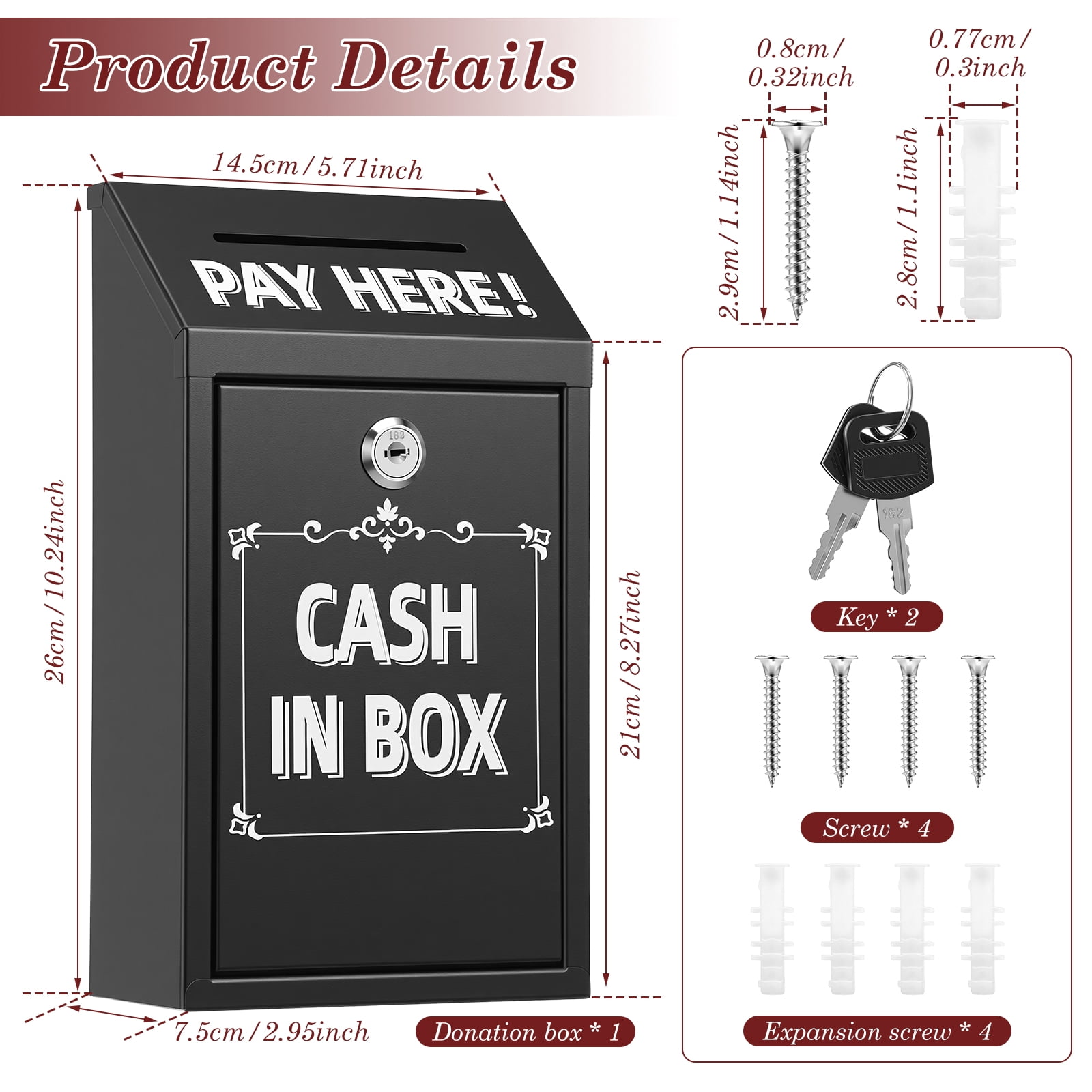Metal Donation Box with Lock Slot Safe Suggestion Charity Collection Donation Money Lock Box Cash Drop Money Case Suggestion Box,Black,10.24 x 5.71 x 2.95''