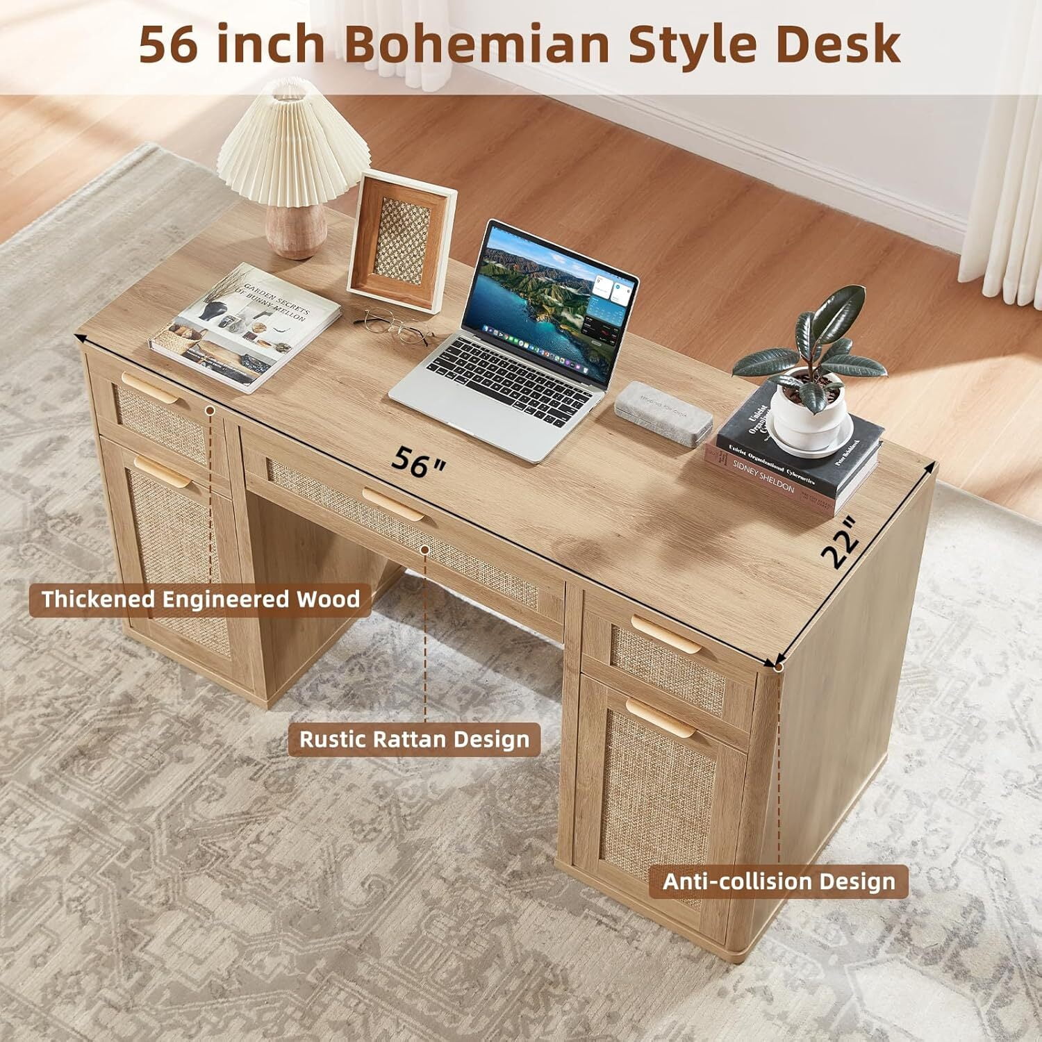 LEYAOYAO Office Desk 56" with 5 Drawers Storage File Cabinet Rattan Wood Desk for Computer Office Bedroom Home Furniture Natural Oak