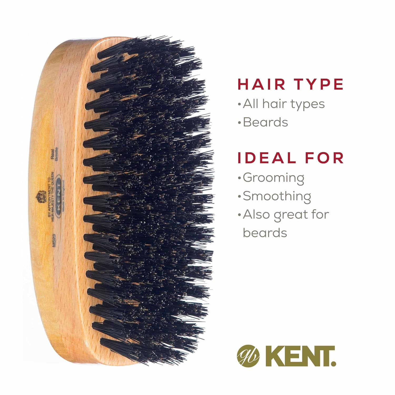 Kent MS23 Finest Men's Rectangular 100% Natural Satinwood & Beechwood Military Hair Brush with Medium Black Bristle for Mens Grooming, Scalp Brush, 360 Wave, and Beard Straightener