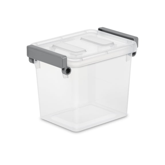Sterilite Modular 2.5 Quart Small Latching Storage Bin, Clear Plastic Stacking Storage Container with Write-on ID Latches, Gray