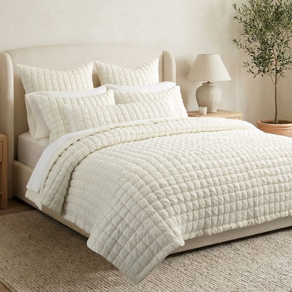 Levtex Home - Whisper Butter Quilt Set - Full/Queen Quilt (88x92in.) and 2 Standard Shams (20x26in.) - Textured Grid - Butter - Reversible - Cotton