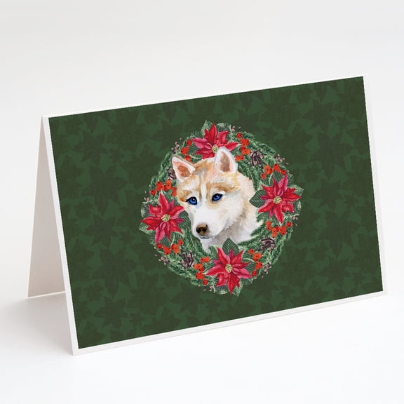 Siberian Husky Poinsetta Wreath Greeting Cards and Envelopes Pack of 8