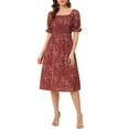 thumbnail image 2 of INSPIRE CHIC Robe d'Été pour Femme, Smockée, Florale, Encolure Carrée, Manches Courtes Bouffantes, Robe Midi, TG, Rouge Foncé, 2 of 6