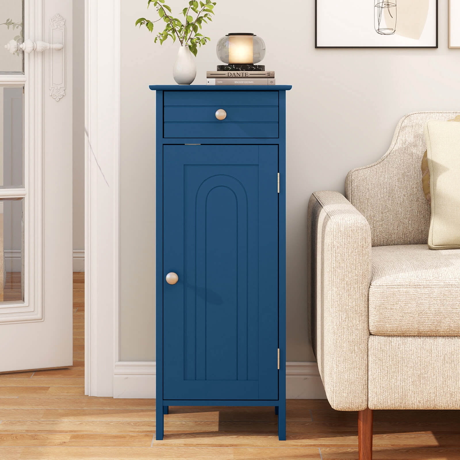 Costway Bathroom Floor Cabinet Storage Organizer Free-Standing with Drawer Gray Blue