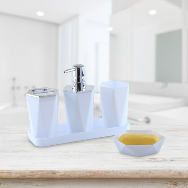 Juego de Accesorios de Baño Modernos de 5 Piezas: Dispensador de Jabón, Cepillo de Dientes, Vaso, Jabonera y Bandeja Organizadora. Color: Negro/Blanco/Gris. Juego de Ducha de Plástico.
