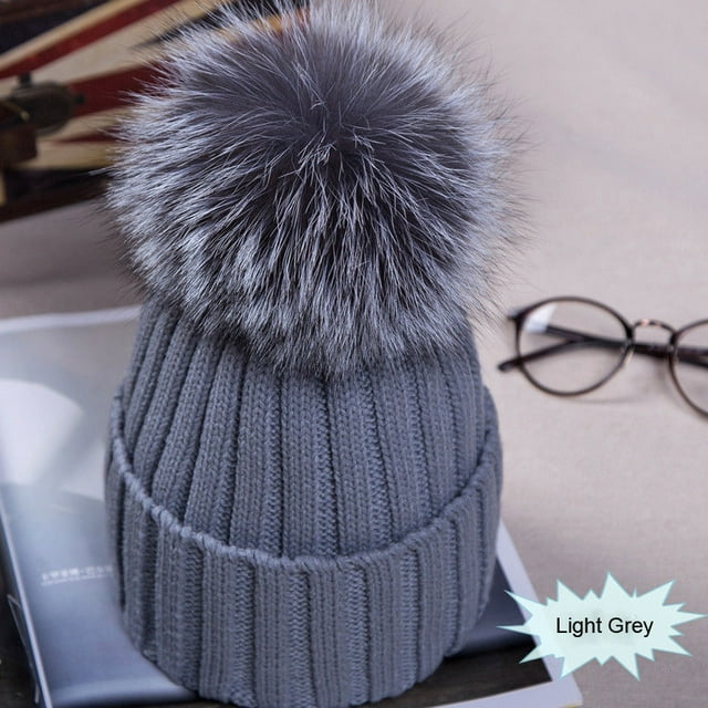 ITFABS Ladies Knitted Woolen Cap Solid Color Furry Ball Thick Stylish Hat