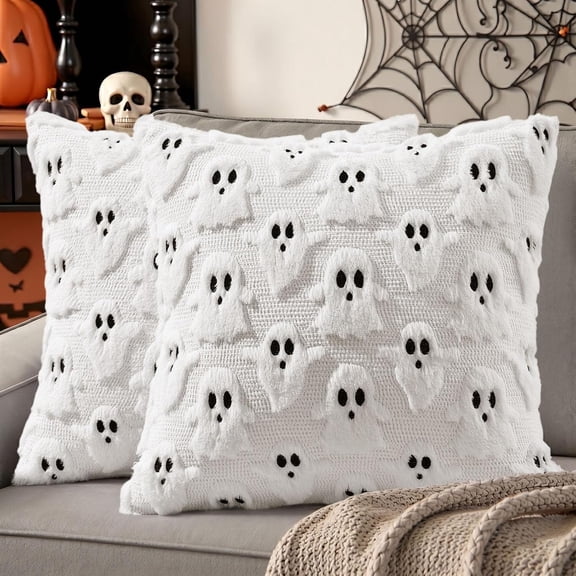 decorUhome Halloween Throw Pillow Covers 18x18 Pack of 2, Soft Plush Faux Wool Couch Pillow Covers, White (Pillow Cover Only, No Inserts Included)