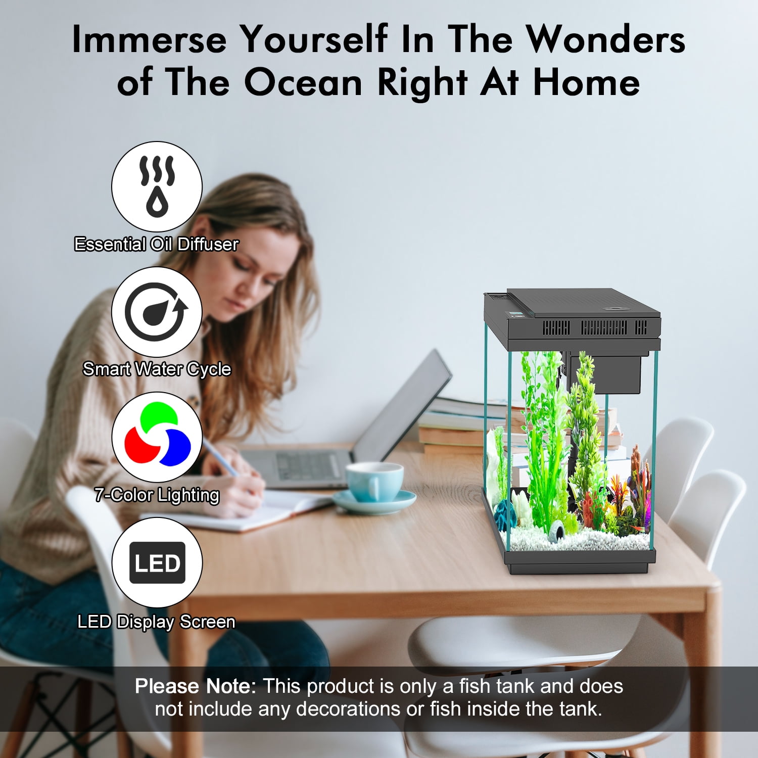 Rechale Smart Fish Tank, 2.4 gal UHD Clear Glass Aquarium with Smart Touch Control, 3-in-1 Silent Pump,7 Color Gradation RGB Lights, Multi-Layer Filtration System,Perfect for Home, Office, and Decor