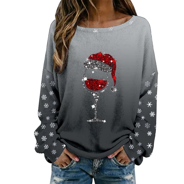 Hauts pour Femmes Décontractés Imprimé de Noël Col Rond T-Shirt Manches Longues Blouses Grande Taille pour Femmes, Gris, m