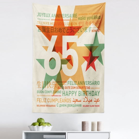 Retro Tapestry, Happy Birthday in Languages French Italian Worldwide Universal Celebration, Fabric Wall Hanging Decor for Bedroom Living Room Dorm, 5 Sizes, Multicolor, by Ambesonne