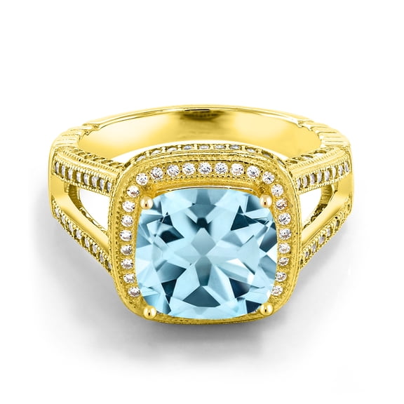 Gem Stone King 6.12 Ct Cushion Sky Blue Topaz 18K Yellow Gold Plated Silver Ring (Size 7)